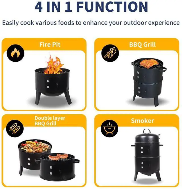 Alt view image 5 of 7 - 16 inch Vertical Charcoal Smoker, Mini BBQ Grill, Fire Pit, 3-in-1 with Built-in Thermometer, Adjustable Air Vent, Idea for Parties, Backyard, Patio, Camping