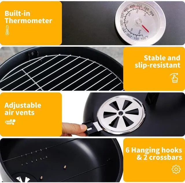 Alt view image 6 of 7 - 16 inch Vertical Charcoal Smoker, Mini BBQ Grill, Fire Pit, 3-in-1 with Built-in Thermometer, Adjustable Air Vent, Idea for Parties, Backyard, Patio, Camping