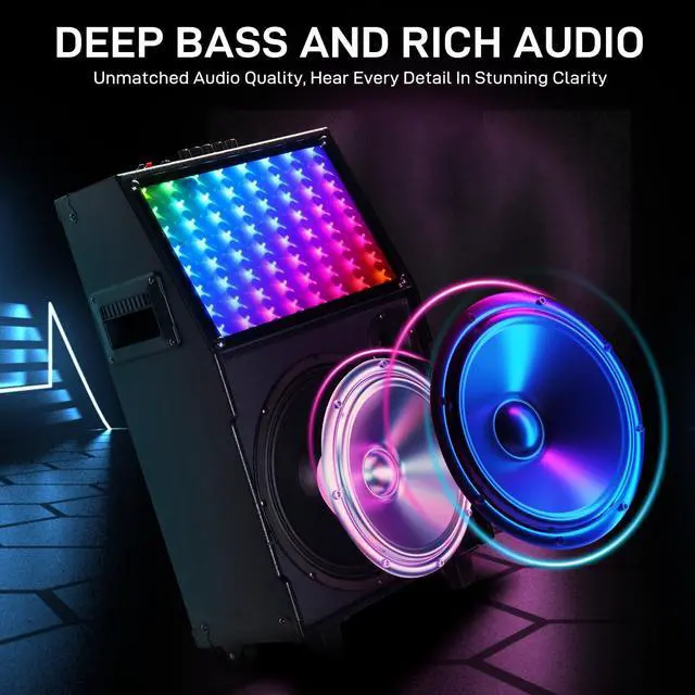 Alt view image 2 of 7 - Karaoke Machine with 2 Wireless Microphones, Portable Outdoor & Indoor Bluetooth Speaker with Multi Light Modes, 12" Speakers for Party, Home, Game, DJ, Adults