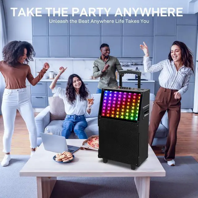 Alt view image 3 of 7 - Karaoke Machine with 2 Wireless Microphones, Portable Outdoor & Indoor Bluetooth Speaker with Multi Light Modes, 12" Speakers for Party, Home, Game, DJ, Adults