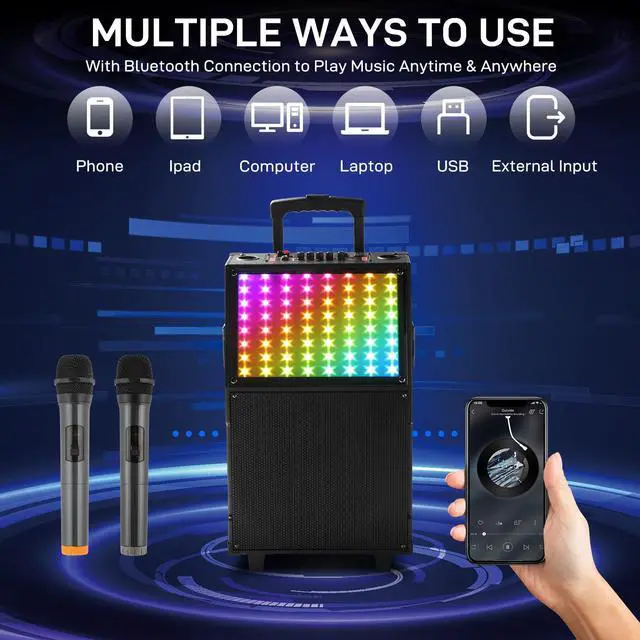 Alt view image 6 of 7 - Karaoke Machine with 2 Wireless Microphones, Portable Outdoor & Indoor Bluetooth Speaker with Multi Light Modes, 12" Speakers for Party, Home, Game, DJ, Adults