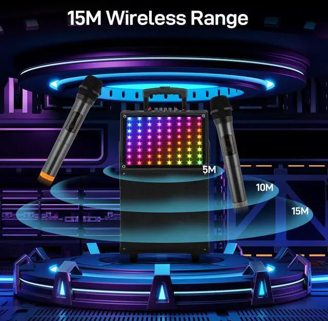 Alt view image 4 of 7 - Karaoke Machine with 2 Wireless Microphones, Portable Outdoor & Indoor Bluetooth Speaker with Multi Light Modes, 12" Speakers for Party, Home, Game, DJ, Adults