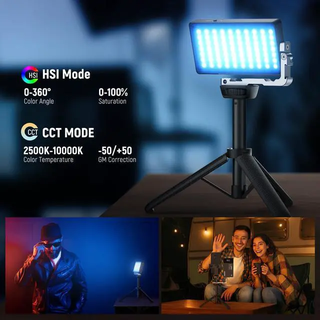 Alt view image 3 of 7 - 12W RGB Video Light, On Camera LED Panel Key Lighting for Streaming Selfie, 2500K-10000K CRI97+ App/2.4G Control 4300mAh Battery Desk Tripod Stand for Vlogging Video Recording Podcast, SL90