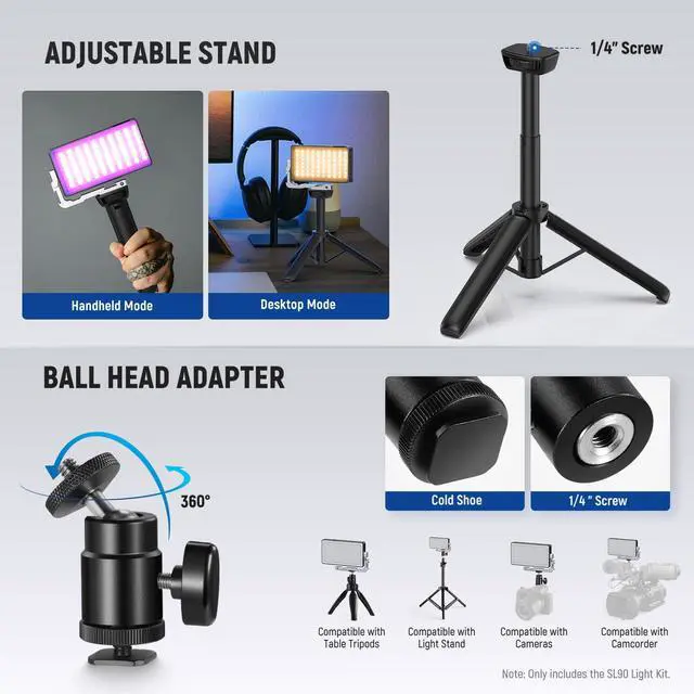 Alt view image 6 of 7 - 12W RGB Video Light, On Camera LED Panel Key Lighting for Streaming Selfie, 2500K-10000K CRI97+ App/2.4G Control 4300mAh Battery Desk Tripod Stand for Vlogging Video Recording Podcast, SL90