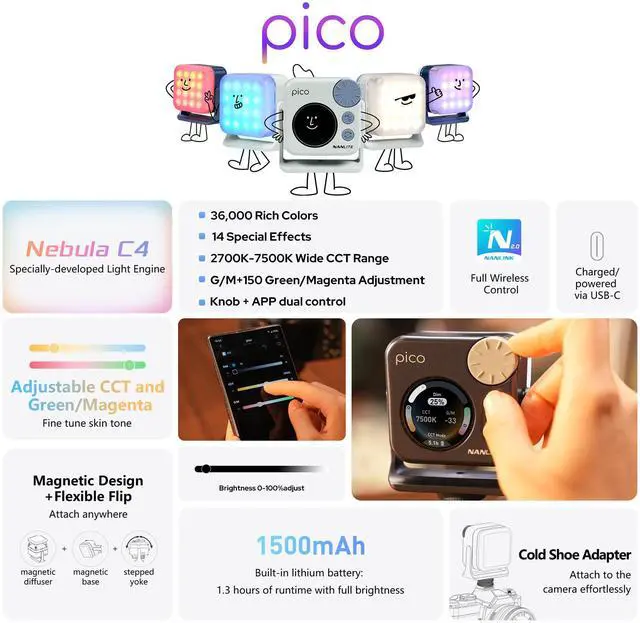 Alt view image 4 of 7 - Pico Portable LED Fill Light Full Color RGB, Snap-On Attachment for Phone/Camera Photography, Live Streaming, Video Content Creation (Midnight Blue)