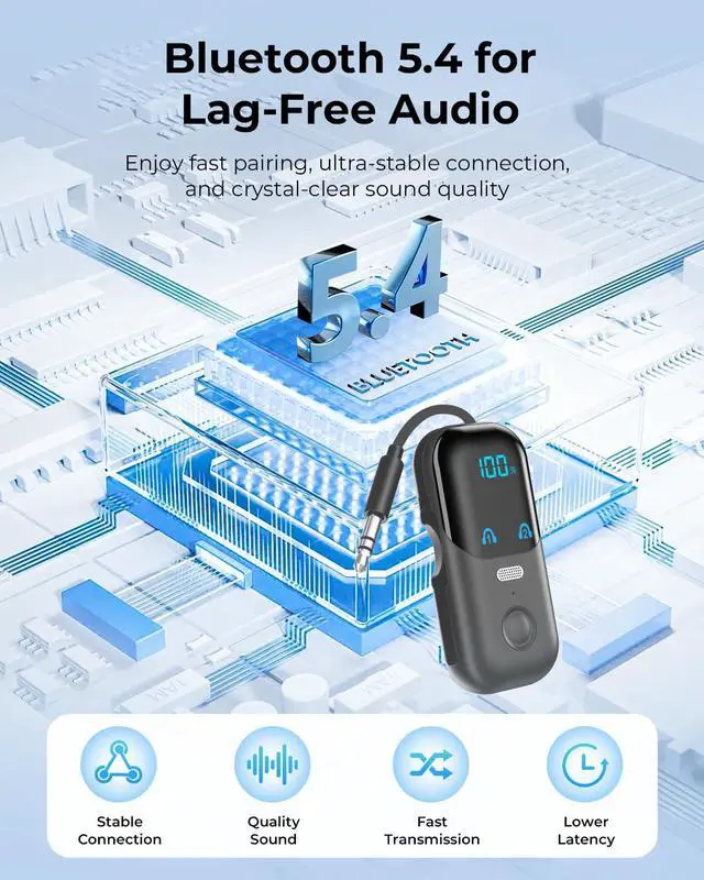 Alt view image 4 of 7 - Bluetooth 5.4 Transmitter Receiver with aptX Adaptive, 2-in-1 Wireless Audio Adapter for Airplane Travel, Bluetooth Adapter for 2 AirPods, 3.5mm AUX Jack for TV Car Stereo Speakers - Dark Gray