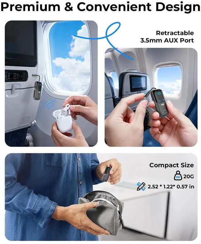 Alt view image 3 of 7 - Bluetooth 5.4 Transmitter Receiver with aptX Adaptive, 2-in-1 Wireless Audio Adapter for Airplane Travel, Bluetooth Adapter for 2 AirPods, 3.5mm AUX Jack for TV Car Stereo Speakers - Dark Gray