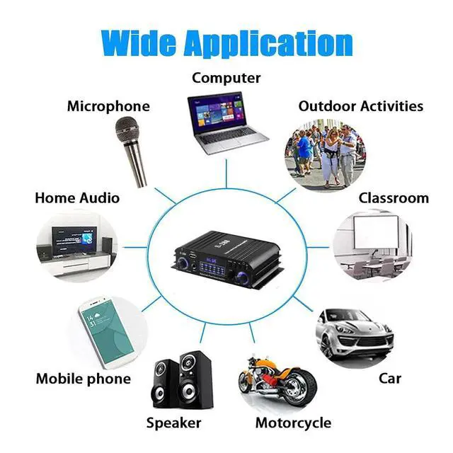 Alt view image 6 of 7 - 4 Channel Bluetooth 5.0 Stereo Amplifier, 50Wx4 HiFi Power Amp, 1200W Max, USB/SD/FM, Class D Home Audio Receiver for Home Theater & Karaoke, Includes Remote & Power Adapter