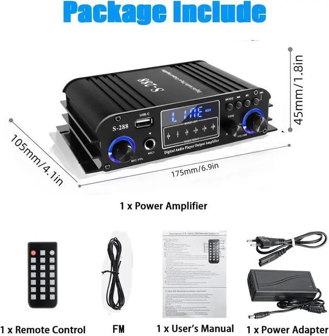 Alt view image 7 of 7 - 4 Channel Bluetooth 5.0 Stereo Amplifier, 50Wx4 HiFi Power Amp, 1200W Max, USB/SD/FM, Class D Home Audio Receiver for Home Theater & Karaoke, Includes Remote & Power Adapter