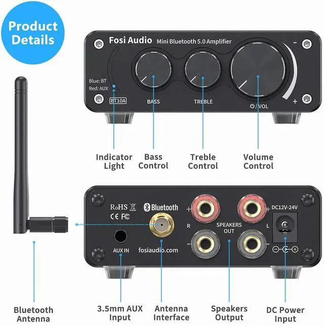 Alt view image 3 of 7 - BT10A Bluetooth 5.0 Stereo Audio Amplifier Receiver 2 Channel Class D Mini Hi-Fi Integrated Amp for Home Passive Speakers 50W x 2 TPA3116