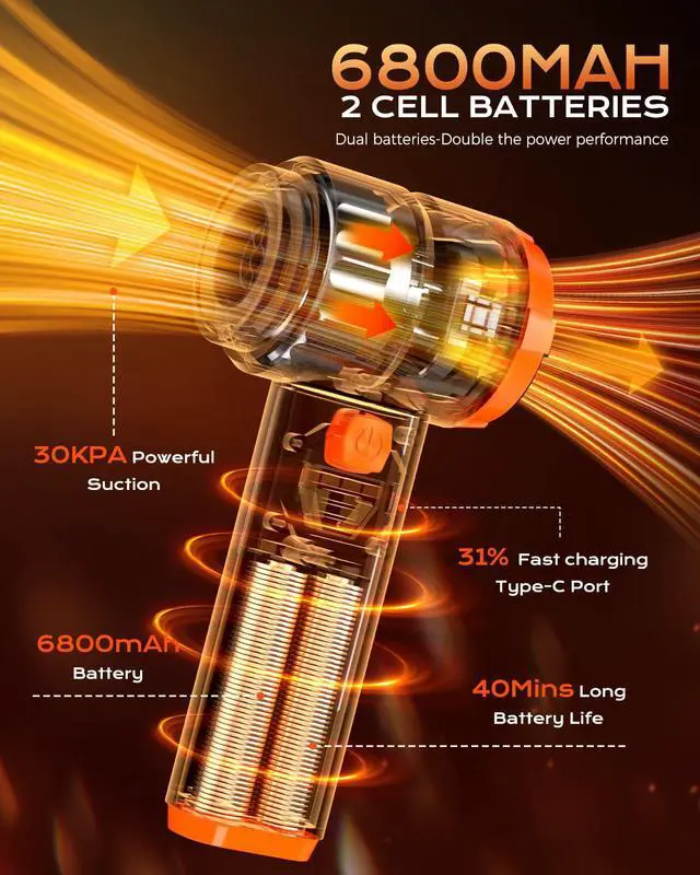 Alt view image 3 of 6 - Car Vacuum Portable Cordless, 4-in-1 Handheld Vacuum Cordless with 30000PA Suction, 130000RPM, 6800mAh Battery, 10 Nozzles, Rubber Paint Material for Car, Home, Birthday Gifts for Men Dad Husband