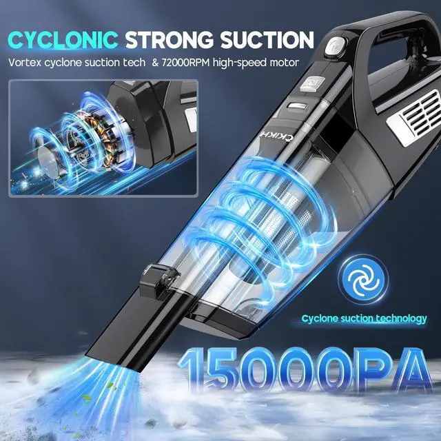 Alt view image 2 of 7 - Handheld Vacuum Cordless, 15000PA Strong Suction Hand Held Car Vacuum Cleaner Portable with Multi-Nozzles & Washable Filter, Lightweight Dust Busters Rechargeable for Home, Car, Office, Pets