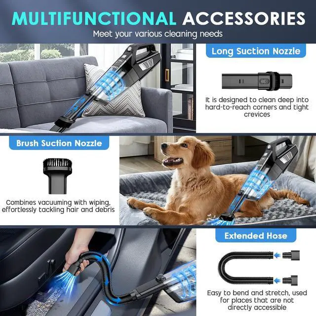 Alt view image 3 of 7 - Handheld Vacuum Cordless, 15000PA Strong Suction Hand Held Car Vacuum Cleaner Portable with Multi-Nozzles & Washable Filter, Lightweight Dust Busters Rechargeable for Home, Car, Office, Pets