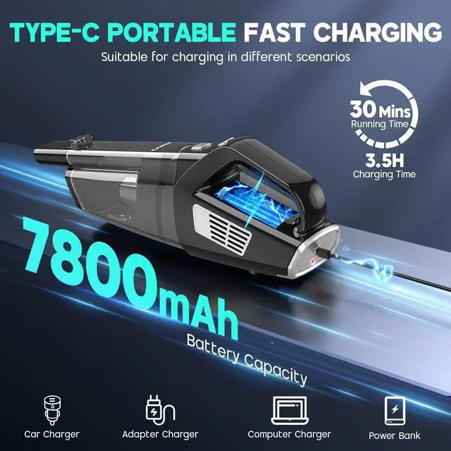 Alt view image 4 of 7 - Handheld Vacuum Cordless, 15000PA Strong Suction Hand Held Car Vacuum Cleaner Portable with Multi-Nozzles & Washable Filter, Lightweight Dust Busters Rechargeable for Home, Car, Office, Pets