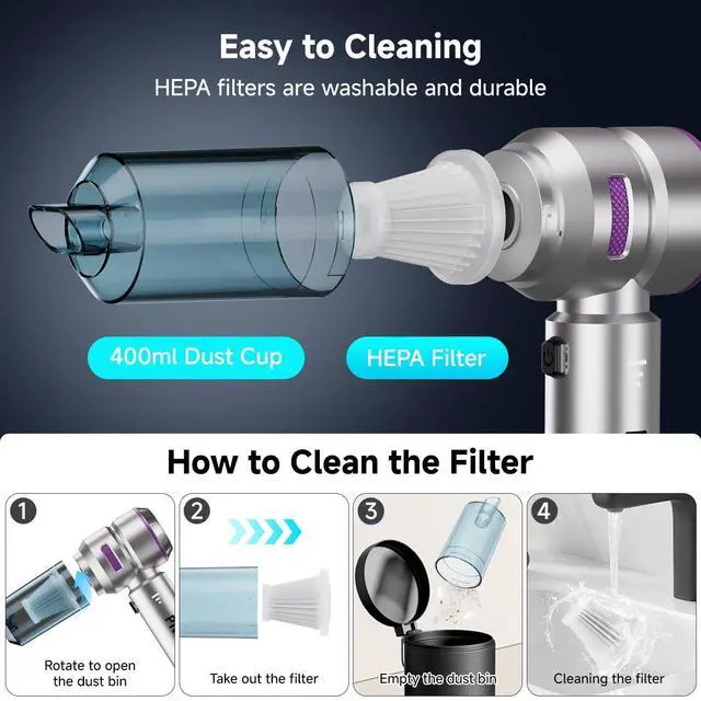 Alt view image 5 of 7 - Handheld Vacuum Cordless, Car Vacuum Cleaner with Brushless Motor, Strong Suction Vacuum & Compressed Air Dusters with LED Light, Type C Port, Wireless Mini Portable Hand Vacuum Blower for Home, Pet