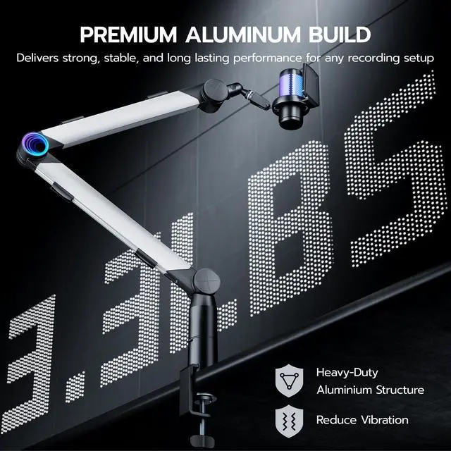 Alt view image 3 of 7 - Aluminum Microphone Boom Arm with RGB Light and Volume Control, Adjustable Mic Arm Desk Mount with 3/8 to 5/8 Screw Adapter, Suspension Scissor Mic Stand for Gaming Streaming Podcasting