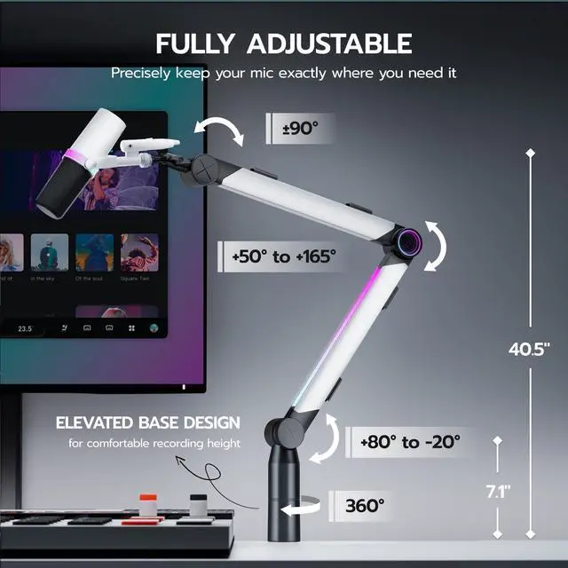 Alt view image 4 of 7 - Aluminum Microphone Boom Arm with RGB Light and Volume Control, Adjustable Mic Arm Desk Mount with 3/8 to 5/8 Screw Adapter, Suspension Scissor Mic Stand for Gaming Streaming Podcasting