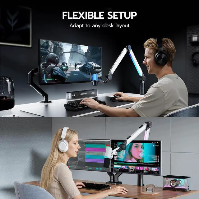Alt view image 5 of 7 - Aluminum Microphone Boom Arm with RGB Light and Volume Control, Adjustable Mic Arm Desk Mount with 3/8 to 5/8 Screw Adapter, Suspension Scissor Mic Stand for Gaming Streaming Podcasting