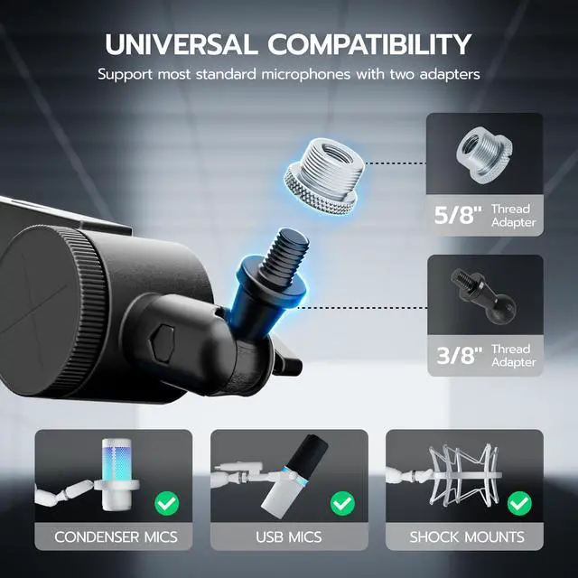 Alt view image 6 of 7 - Aluminum Microphone Boom Arm with RGB Light and Volume Control, Adjustable Mic Arm Desk Mount with 3/8 to 5/8 Screw Adapter, Suspension Scissor Mic Stand for Gaming Streaming Podcasting