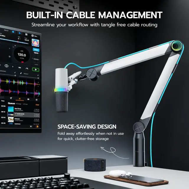 Alt view image 7 of 7 - Aluminum Microphone Boom Arm with RGB Light and Volume Control, Adjustable Mic Arm Desk Mount with 3/8 to 5/8 Screw Adapter, Suspension Scissor Mic Stand for Gaming Streaming Podcasting