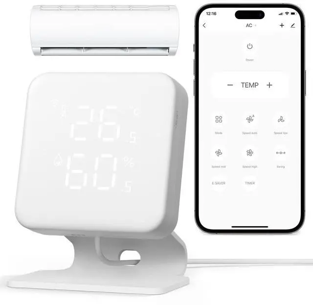 Main image of Smart Air Conditioner & Heater Pump Controller, WiFi IR Remote Control for Mini Split AC, Portable & Window AC, Temperature and Humidity Automation Controllers, Compatible with Alexa/Google