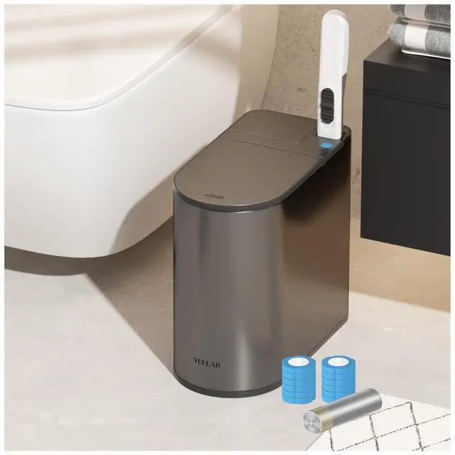 Main image of Bathroom Trash Can with Lid - Motion Sensor Smart Garbage Bin with Toilet Brush, 2 Gallon / 7L Small Automatic Trash Can, Odor-Control for Bathroom (Grey with Toilet Brush)