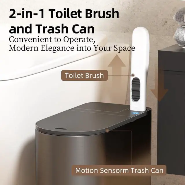 Alt view image 3 of 6 - Bathroom Trash Can with Lid - Motion Sensor Smart Garbage Bin with Toilet Brush, 2 Gallon / 7L Small Automatic Trash Can, Odor-Control for Bathroom (Grey with Toilet Brush)