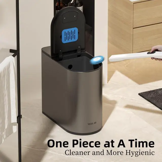 Alt view image 6 of 6 - Bathroom Trash Can with Lid - Motion Sensor Smart Garbage Bin with Toilet Brush, 2 Gallon / 7L Small Automatic Trash Can, Odor-Control for Bathroom (Grey with Toilet Brush)