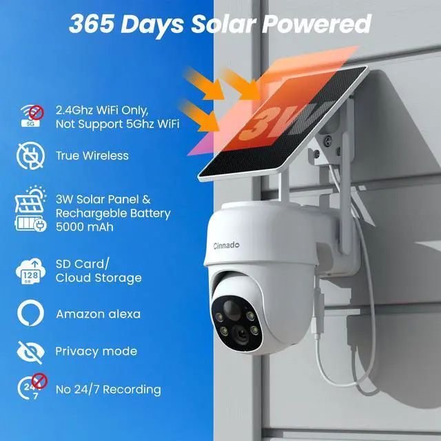 Alt view image 3 of 7 - 2K Cameras for Home Security-2.4G WiFi Outdoor Camera Wireless Solar/Battery Powered with solar panel, 360° Viewing, AI Human Detection, Color Night Vision, with SD Storage, Works with Alexa(2 Pack)