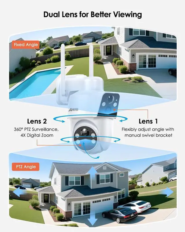 Alt view image 2 of 7 - Dual-Lens Solar Security Camera, 3MP Wireless Outdoor Camera for Home Security, 100% Wire-Free with Solar Panel, Color Night Vision, Motion Detection, 2.4GHz WiFi, IP66 Weatherproof