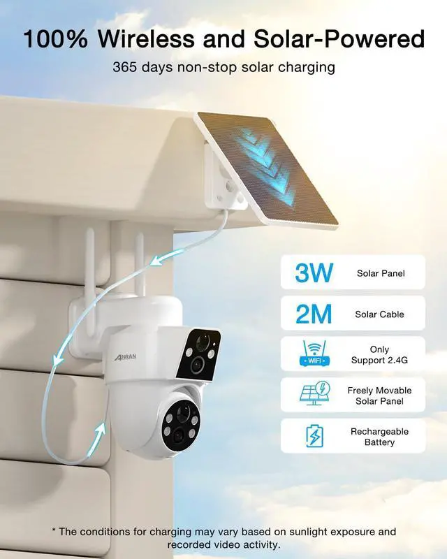 Alt view image 4 of 7 - Dual-Lens Solar Security Camera, 3MP Wireless Outdoor Camera for Home Security, 100% Wire-Free with Solar Panel, Color Night Vision, Motion Detection, 2.4GHz WiFi, IP66 Weatherproof