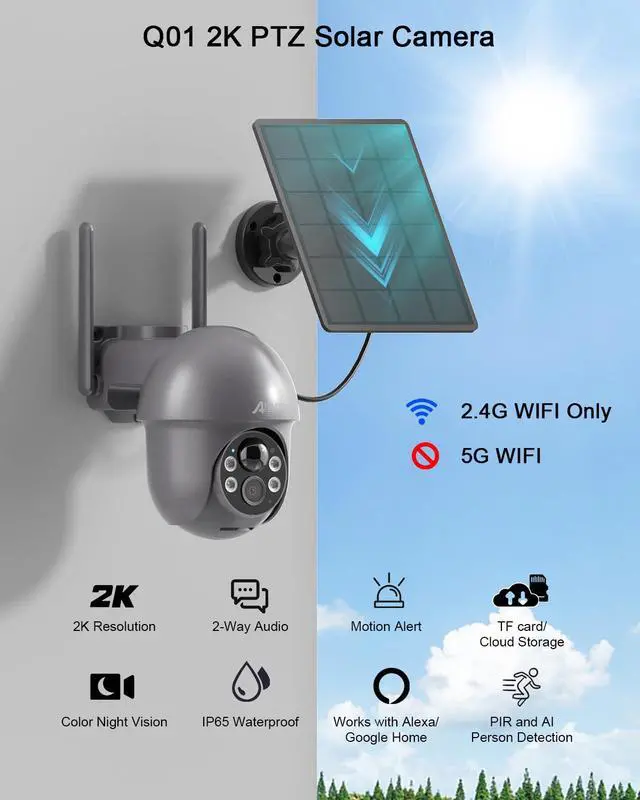 Alt view image 2 of 7 - Security Camera Wireless Outdoor with 360° View, 2K Solar Outdoor Camera with Smart Siren, Spotlights, Color Night Vision, PIR Human Detection, Pan Tilt Control, 2-Way Talk, IP65, Q1 Grey