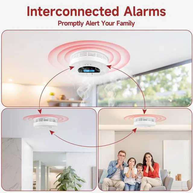 Alt view image 2 of 7 - 3-Pack Interconnected Smoke Detectors and Carbon Monoxide Alarm with Test & Silence Button, Battery Powered, Smoke and CO Detector for Any Room, Peace of Mind