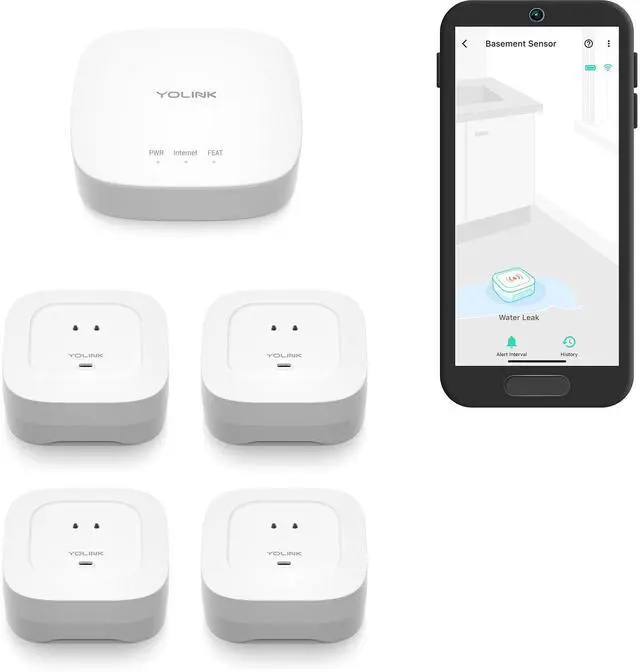 Main image of Water Leak Starter Kit: Hub + 4 Leak Sensor 4 (105 dB Siren), LoRa Long-Range, App/SMS/Email Alerts, D2D Offline, 2 AAA Up to 5-Year Battery, Compatible with Alexa/IFTTT/Home Assistant