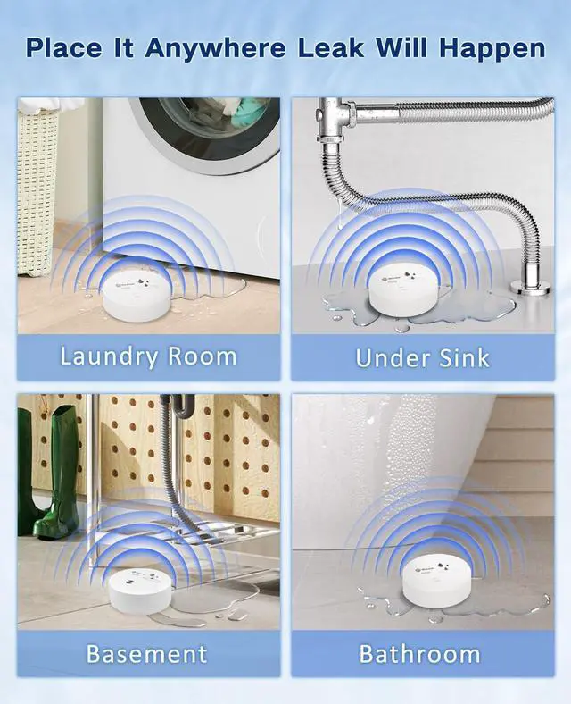 Alt view image 3 of 7 - 10 Pack Water Leak Detectors, 100dB Water Sensor Alarms Flood Detector for Basements, Bathrooms, Laundry Rooms, Kitchens, Garages, and Attics, Water Alarms Battery-Operated (Battery Included)