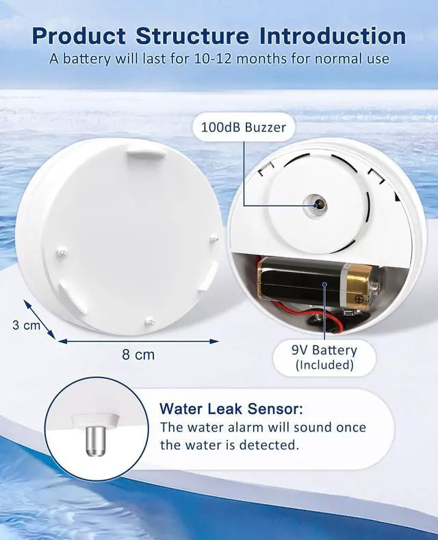 Alt view image 4 of 7 - 10 Pack Water Leak Detectors, 100dB Water Sensor Alarms Flood Detector for Basements, Bathrooms, Laundry Rooms, Kitchens, Garages, and Attics, Water Alarms Battery-Operated (Battery Included)