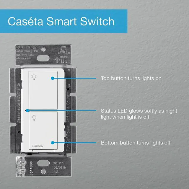 Alt view image 6 of 7 - Caseta Smart Light Switch for Lighting and Fans (Smart Hub Required) For Caseta systems, smart switch for any bulbs, 6 amp, single-pole/3-way, neutral required, PD-6ANS-WH, White