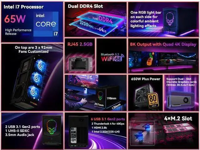 Alt view image 3 of 7 - BRENUC11BTMi7 Mini pc gaming , i7-11700B 4.9GHz,Discrete GPU Ready (PCIe4.0 x16 slot 12"),4K Gaming, 32GB RAM 1TB SSD, Triple 4K Display, WiFi 6E & 2.5G LAN,for Serious Streaming & Work