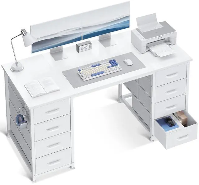 Main image of 48 Inch White Computer Desk with 8 Fabric Drawers, Modern Office Desk with Large Storage for Home Office, Study, Gaming, White