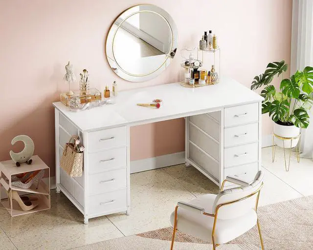 Alt view image 2 of 7 - 48 Inch White Computer Desk with 8 Fabric Drawers, Modern Office Desk with Large Storage for Home Office, Study, Gaming, White