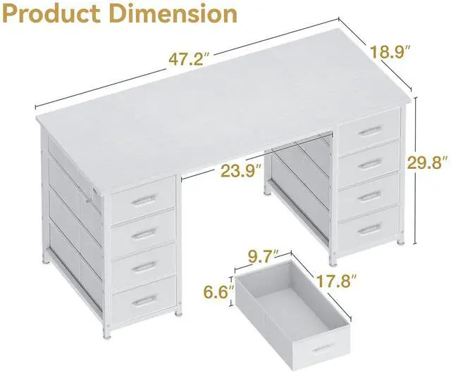 Alt view image 3 of 7 - 48 Inch White Computer Desk with 8 Fabric Drawers, Modern Office Desk with Large Storage for Home Office, Study, Gaming, White