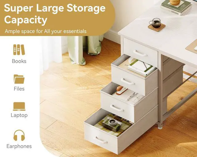 Alt view image 4 of 7 - 48 Inch White Computer Desk with 8 Fabric Drawers, Modern Office Desk with Large Storage for Home Office, Study, Gaming, White