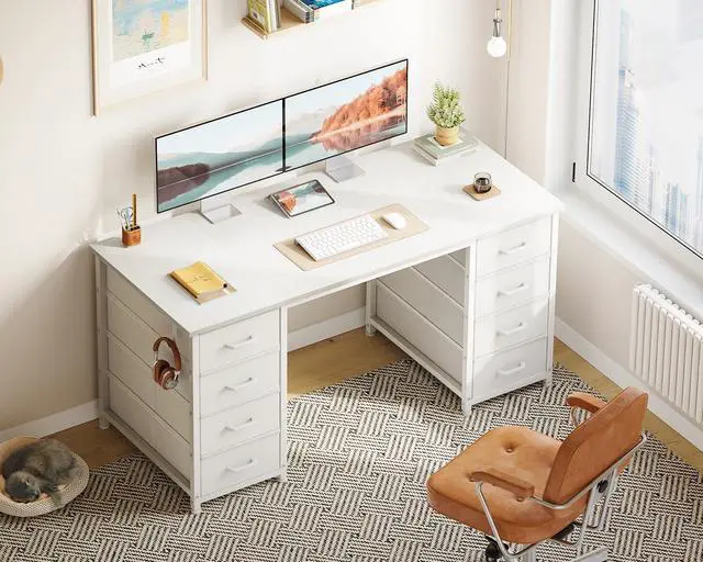 Alt view image 7 of 7 - 48 Inch White Computer Desk with 8 Fabric Drawers, Modern Office Desk with Large Storage for Home Office, Study, Gaming, White