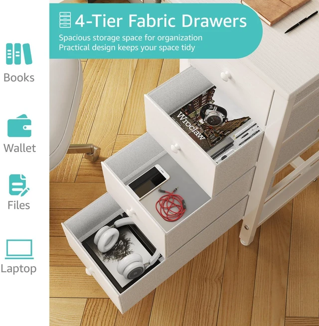 Alt view image 5 of 7 - White Computer Desk with Drawers, 47 Inch Reversible Study Work Writing Desk for Home Office Bedroom, Simple Modern Cute PC Desks with Fabric Drawer, White