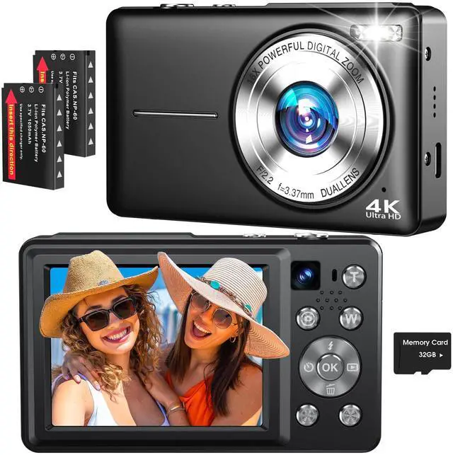 Main image of 4K Digital Camera, 64MP Autofocus Vlogging Camera with Dual Lens, 16X Digital Zoom YouTube Compact Travel Point Shoot Camera for Teens Beginner, Anti-Shake,2 Batteries, 32GB Card (Black)