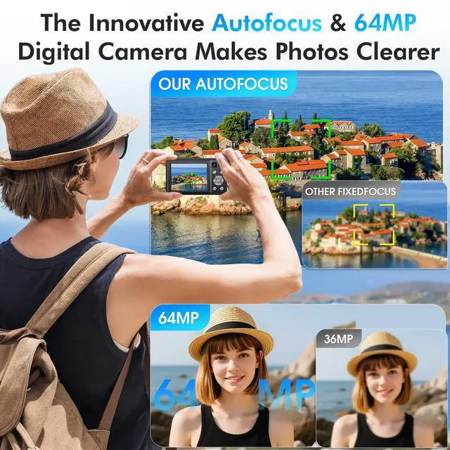 Alt view image 3 of 7 - 4K Digital Camera, 64MP Autofocus Vlogging Camera with Dual Lens, 16X Digital Zoom YouTube Compact Travel Point Shoot Camera for Teens Beginner, Anti-Shake,2 Batteries, 32GB Card (Black)