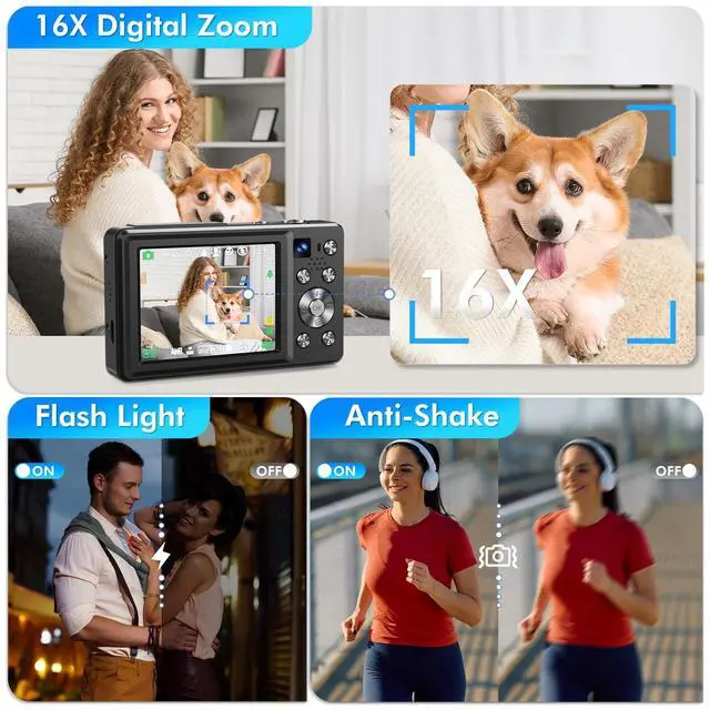 Alt view image 5 of 7 - 4K Digital Camera, 64MP Autofocus Vlogging Camera with Dual Lens, 16X Digital Zoom YouTube Compact Travel Point Shoot Camera for Teens Beginner, Anti-Shake,2 Batteries, 32GB Card (Black)