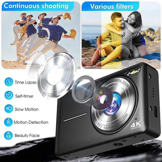 Alt view image 6 of 7 - 4K Digital Camera, 64MP Autofocus Vlogging Camera with Dual Lens, 16X Digital Zoom YouTube Compact Travel Point Shoot Camera for Teens Beginner, Anti-Shake,2 Batteries, 32GB Card (Black)