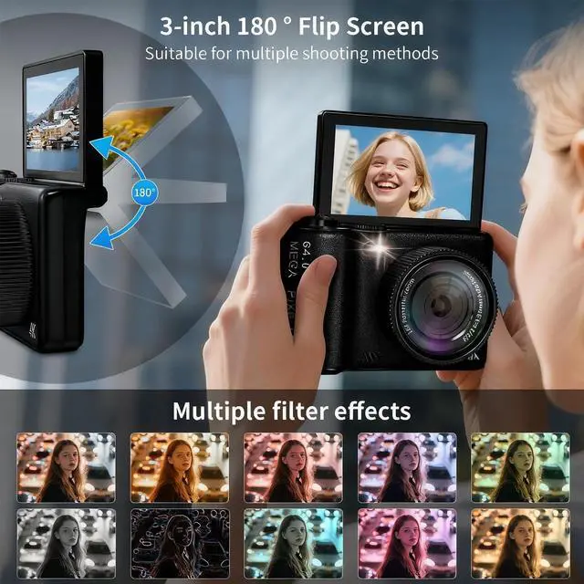 Alt view image 5 of 6 - 16X Zoom 4K Digital Camera for Photography and Video, Point and Shoot Digital Cameras with Flip Screen, Small Digital Camera, Vlogging Camera for YouTube Video Recording (Black)