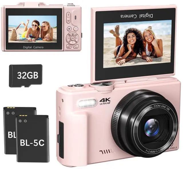 Main image of 4K Digital Camera for Photography, 64MP Compact Vlogging Camera with WiFi and 3" 180° Flip Screen, 18X Digital Zoom, Ideal for YouTube Creators, Includes 2 Batteries & 32GB Micro SD Card, Pink